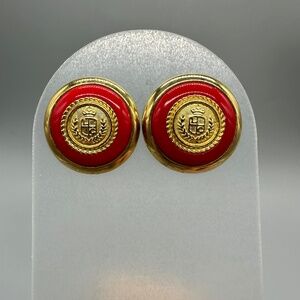 Vintage 1980's Liz Claiborne Chunky Gold Tone Red Round 1" Stud Earrings Retro